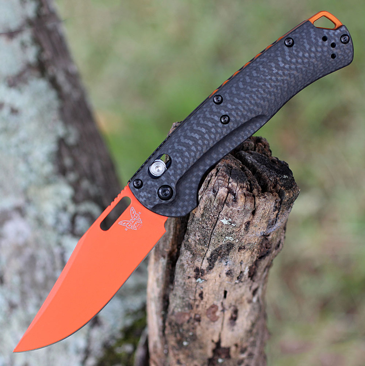 Benchmade Taggedout Folding Knife (15535OR-01)- 3.50" Magnacut Orange Cerakote Clip Point Plain Blade, Black Carbon Fiber Handle
