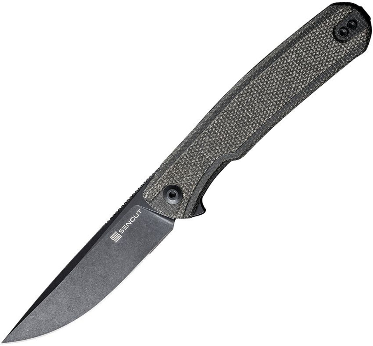 Sencut Scitus Flipper Knife (S21042-3) 3.47" Black Stonewashed D2 Straight Back Plain Blade, Dark Green Canvas Micarta Handle