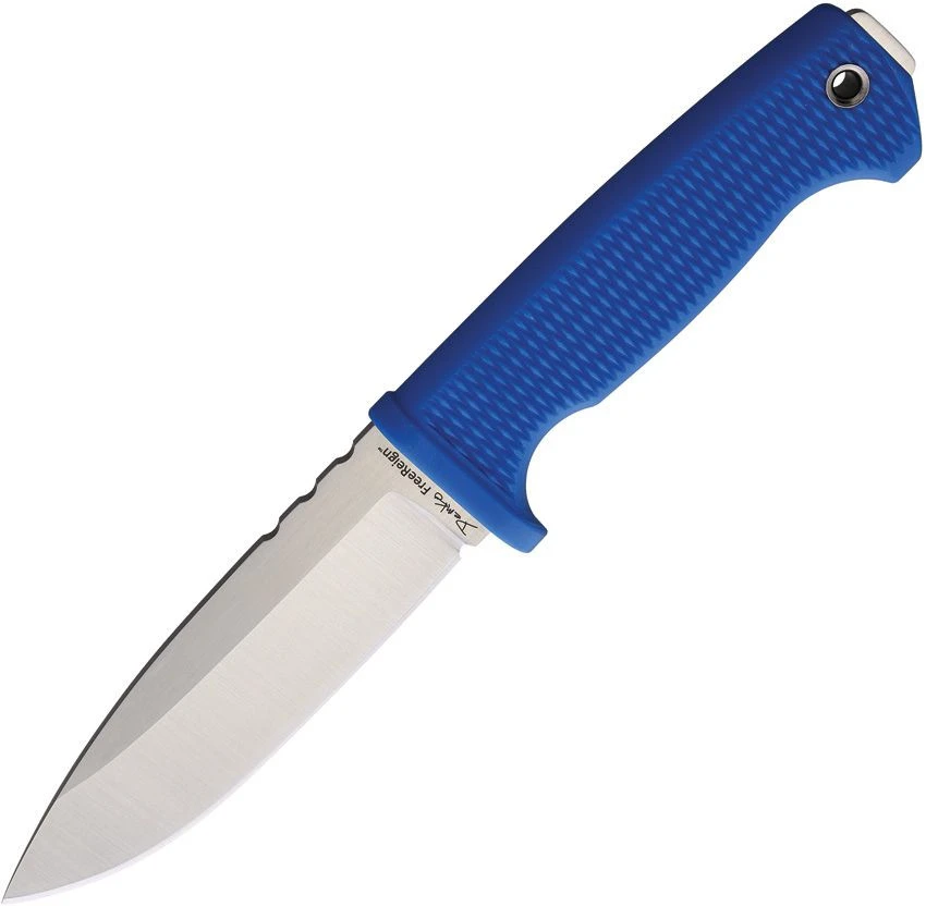 The Demko DEMAD22BBK fixed blade shown with its 5-inch satin AUS-10A drop-point blade with a plain edge, 4.875-inch blue checkered rubber handle, and black and blue molded plastic sheath.