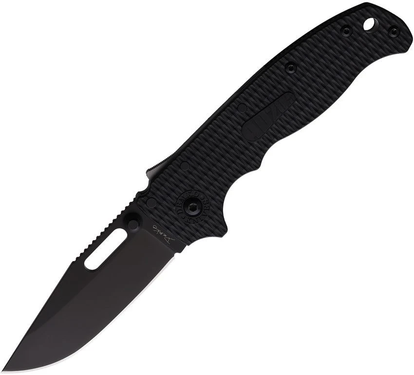 The all-black Demko AD20.5 Shark Lock open, showing its 3.25-inch black-finished D2 clip point blade, black textured Grivory scales over steel liners, the spine-mounted Shark-Lock fin, a thumb stud and thumb hole, and a tip-up pocket clip.