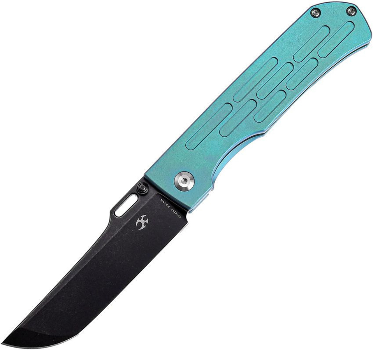 Kansept Reedus (K1041A4) 3.5" Black TiCn Coated and Stonewashed CPM-S35VN Straight Back Plain Blade, Green Andonized Titanium Handle