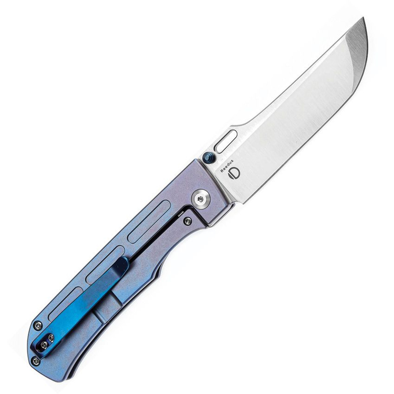 Kansept Knives Reedus (K1041A5) 3.5" Satin S35VN Straight Back Plain Blade, Blue Andonized Titanium Handle