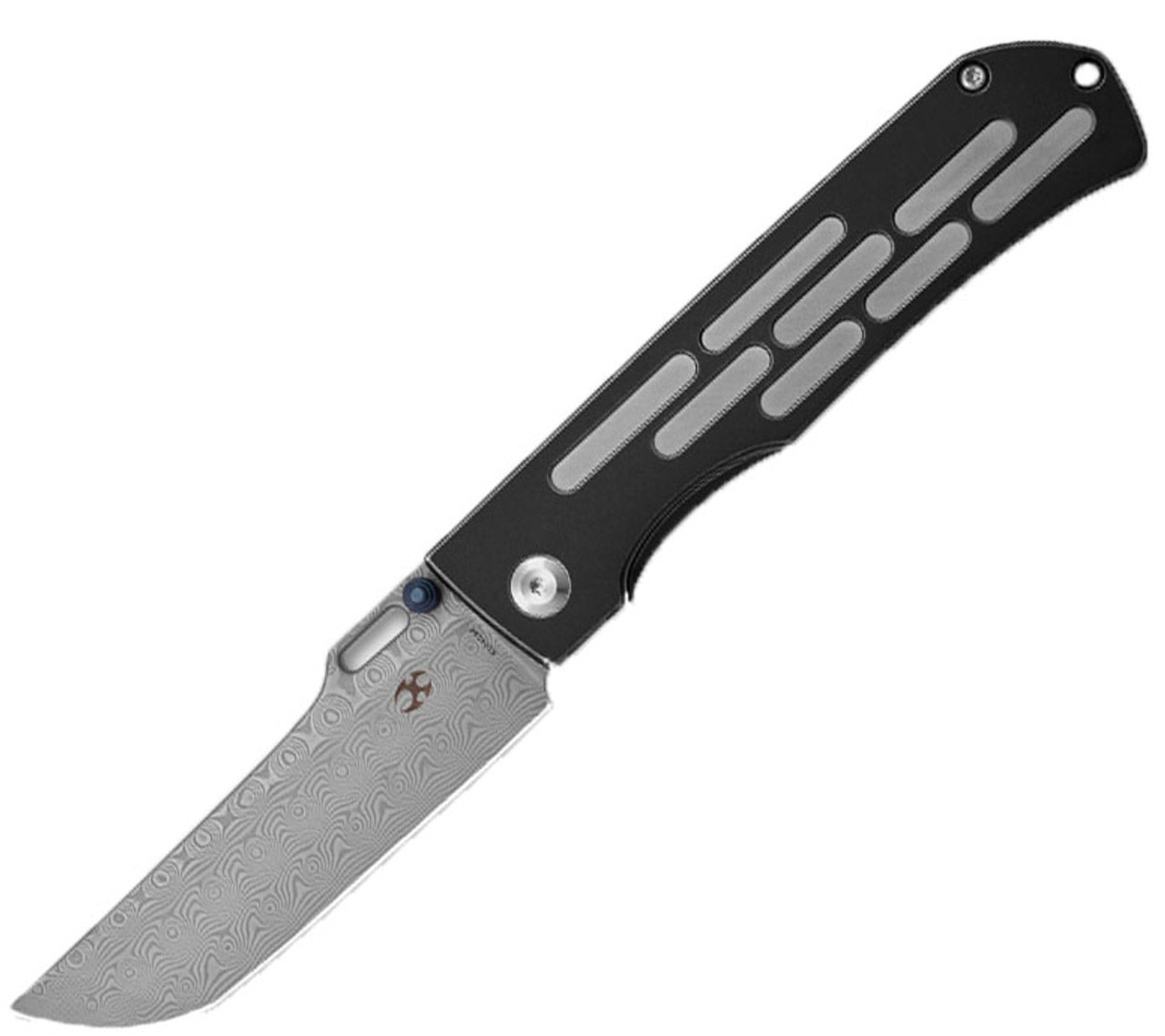 Kansept Knives Reedus (K1041A6) 3.5"Damascus Straight Back Plain Blade, Black and Gray Titanium Handle