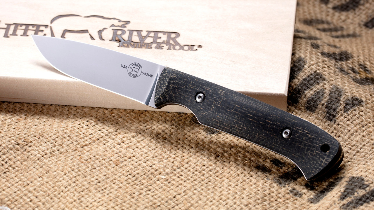 White River Hunter Fixed Blade Knife (WRHNT-BBL)- 3.5in CPM-S35VN Satin Drop Point Plain Blade, Black Burlap Micarta Handle - Kydex Sheath