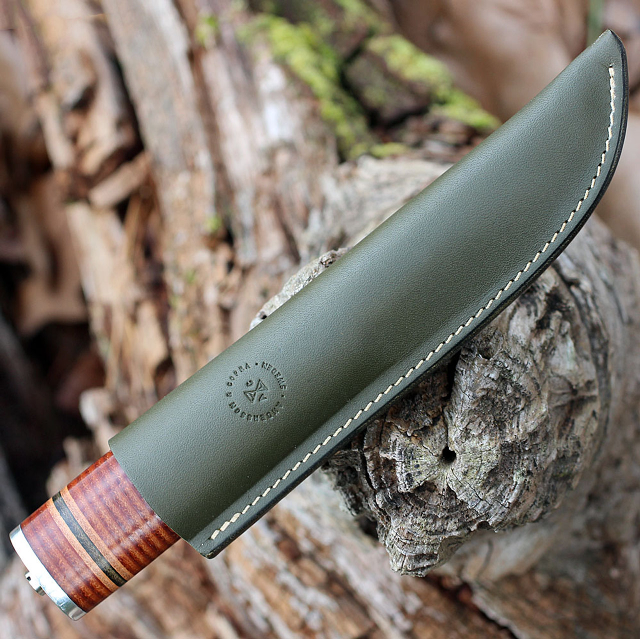 Andersson & Copra Scandinavian Sportsman Fixed Blade Knife Model 4 (ACSS4DA) - 3.54 in Damasteel  Plain Blade, Stacked Leather Handle, Olive Green Leather Sheath