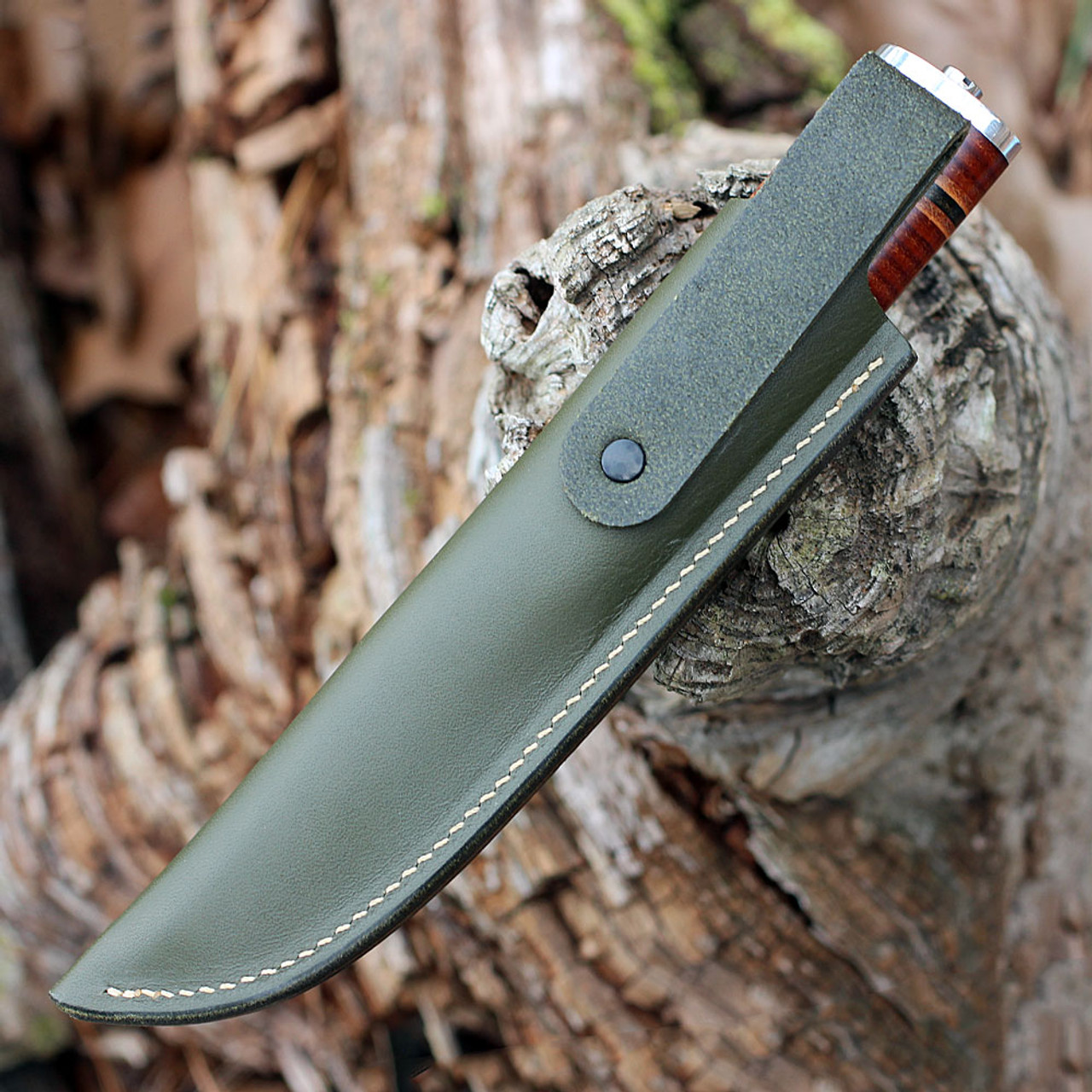 Andersson & Copra Scandinavian Sportsman Fixed Blade Knife Model 4 (ACSS4DA) - 3.54 in Damasteel  Plain Blade, Stacked Leather Handle, Olive Green Leather Sheath