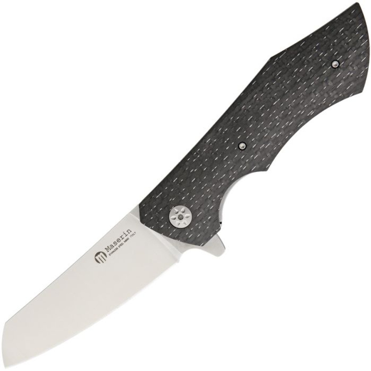 Maserin AM-2 Folding Knife (378/CT)- 3.50" Satin N690 Wharncliffe Plain Blade, Black and Gray Lightning Strike Carbon Fiber Handle