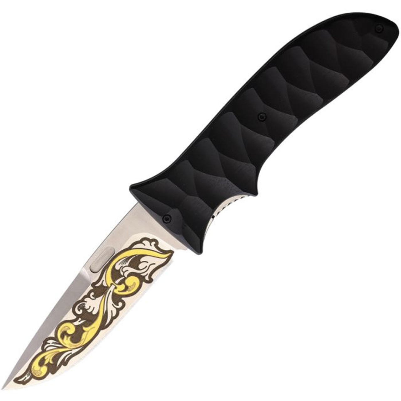 Maserin GTO Folding Knife (384/KT)- 3.75" Satin N690 Clip Point Plain Blade Engraved with Gold, Ebony Wood Handle