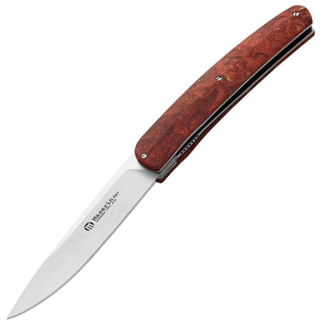 Maserin Gourmet Folding Knife (380RR)- 3.875" Satin Stainless Steel Drop Point Plain Blade, Red Burl Handle