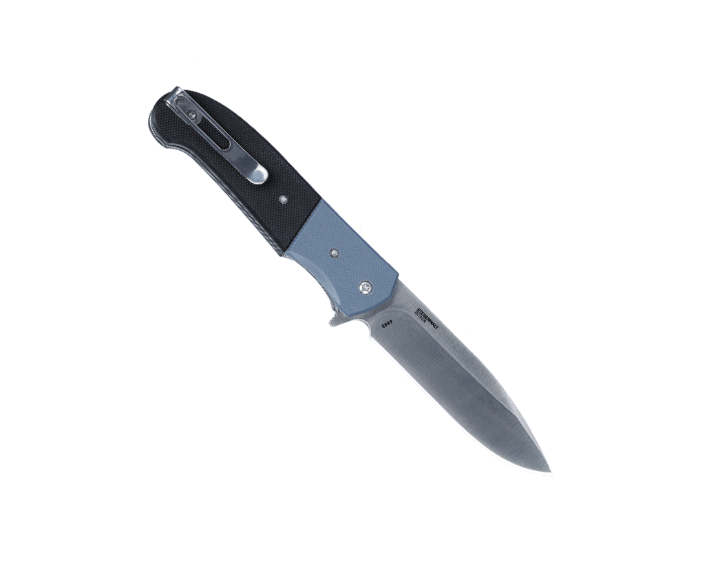 CRKT Ignitor 6880 open profile view showing 3.48 inch 8Cr13MoV satin blade and textured black and blue G-10 handle.