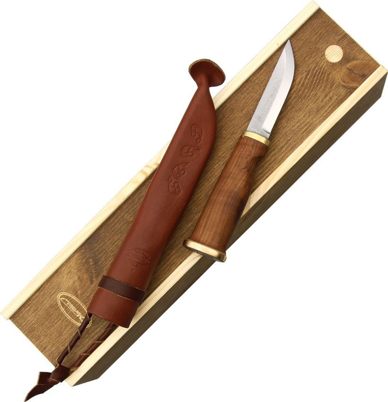 Marttiini Moose Knife (547012W) 3.5" Carbinox T508 Satin Drop Point Plain Blade,  Birch Handle with Cast Bronze Ferrule and Moose Engraved Bronze Pommel