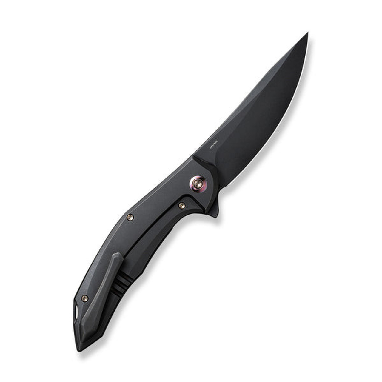 We Merata Flipper (WE22008A-1) 3.68" Black Stonewashed CPM 20CV Trailing Point Plain Blade, Black Titanium Handle