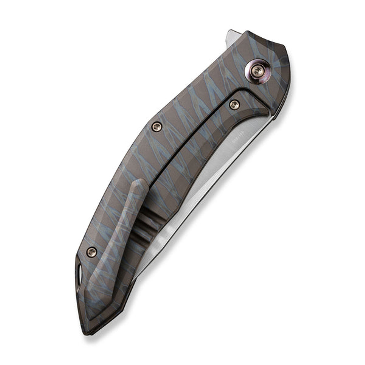 We Merata Flipper (WE22008A-3) 3.68" Hand Rubbed Satin CPM 20CV Trailing Point Plain Blade, Tiger Stripe Pattern Flamed Titanium Handle