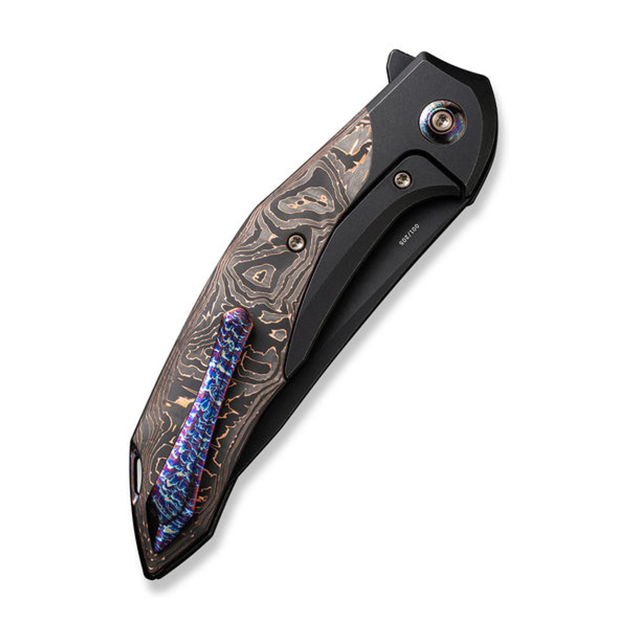 We Merata Flipper (WE22008B-1) 3.68" Black Stonewashed CPM 20CV Trailing Point Plain Blade, Black Titanium with Copper Foil Carbon Fiber Inlayed Handle