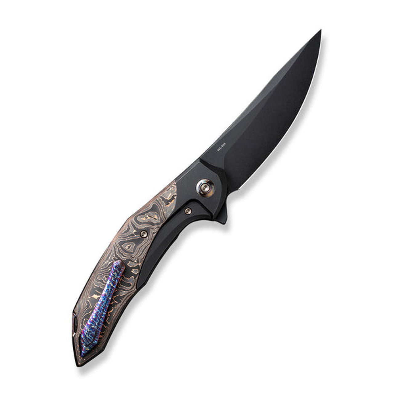 We Merata Flipper (WE22008B-1) 3.68" Black Stonewashed CPM 20CV Trailing Point Plain Blade, Black Titanium with Copper Foil Carbon Fiber Inlayed Handle