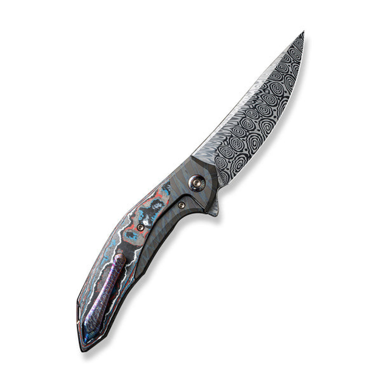 We Merata Flipper (WE22008B-DS1) 3.68" Heimskringla Damasteel Trailing Point Plain Blade, Tiger Stripe Pattern Flamed Titanium with Nebula Fat Carbon Fiber Inlayed Handle