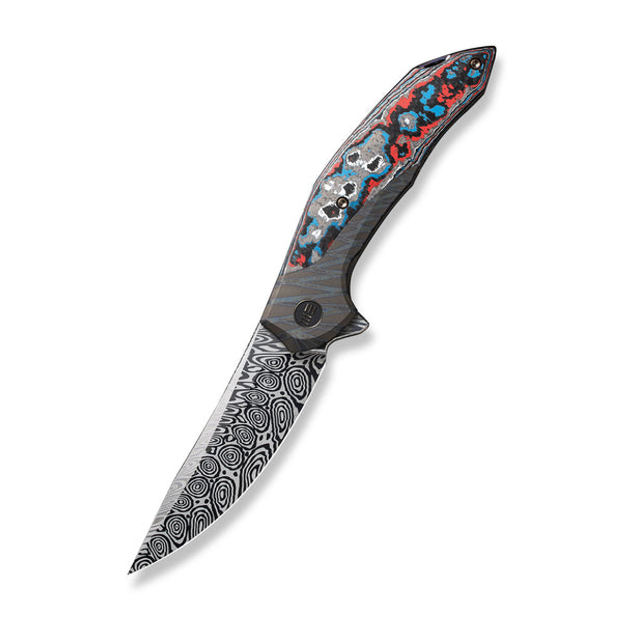 We Merata Flipper (WE22008B-DS1) 3.68" Heimskringla Damasteel Trailing Point Plain Blade, Tiger Stripe Pattern Flamed Titanium with Nebula Fat Carbon Fiber Inlayed Handle