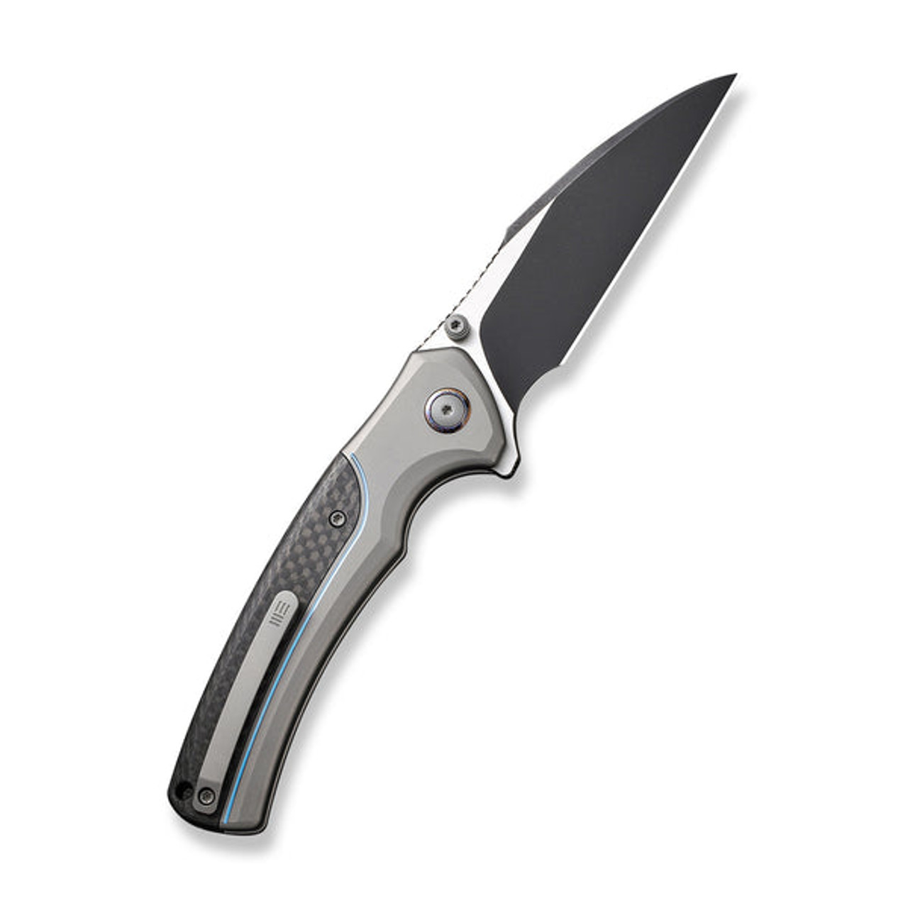 We Ziffius Button Lock (WE22024A-1) 3.7" Black Stonewashed Wharncliffe Plain Blade, Gray Titanium with Twill Carbon Fiber Intergral Spacer Handle