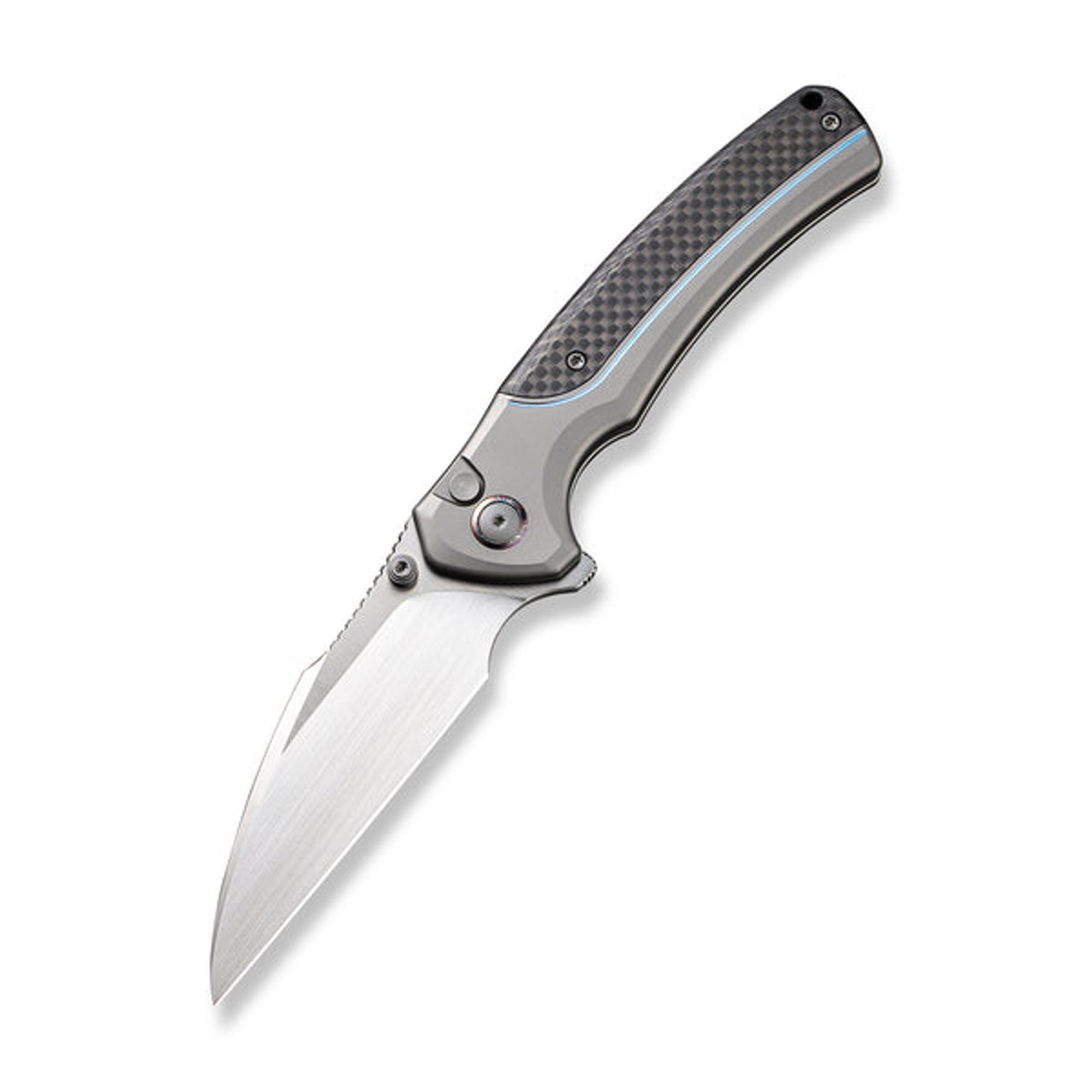 We Ziffius Button Lock (WE22024A-2) 3.7" Hand Rubbed Satin Wharncliffe Plain Blade, Gray Titanium with Twill Carbon Fiber Intergral Spacer Handle