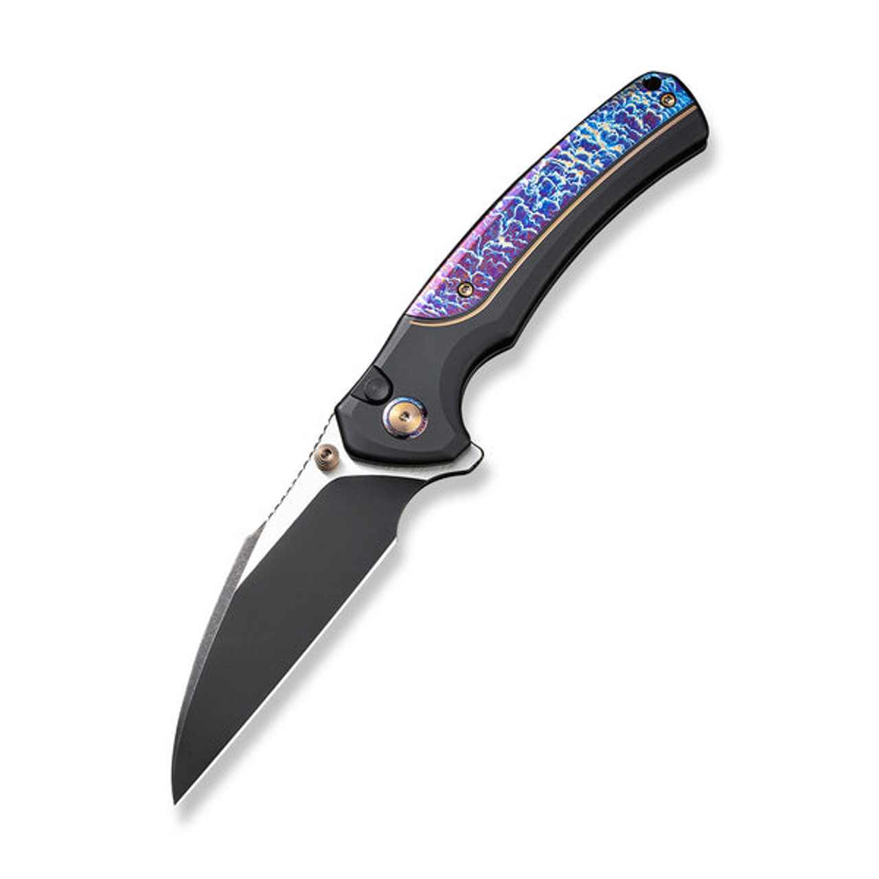 We Ziffius Button Lock (WE22024D-1) 3.7" Black Stonewashed Wharncliffe Plain Blade, Black  Titanium with Flamed Titanium Intergral Spacer Handle