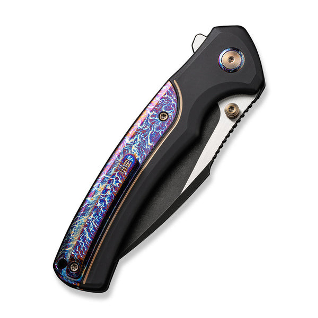 We Ziffius Button Lock (WE22024D-1) 3.7" Black Stonewashed Wharncliffe Plain Blade, Black  Titanium with Flamed Titanium Intergral Spacer Handle