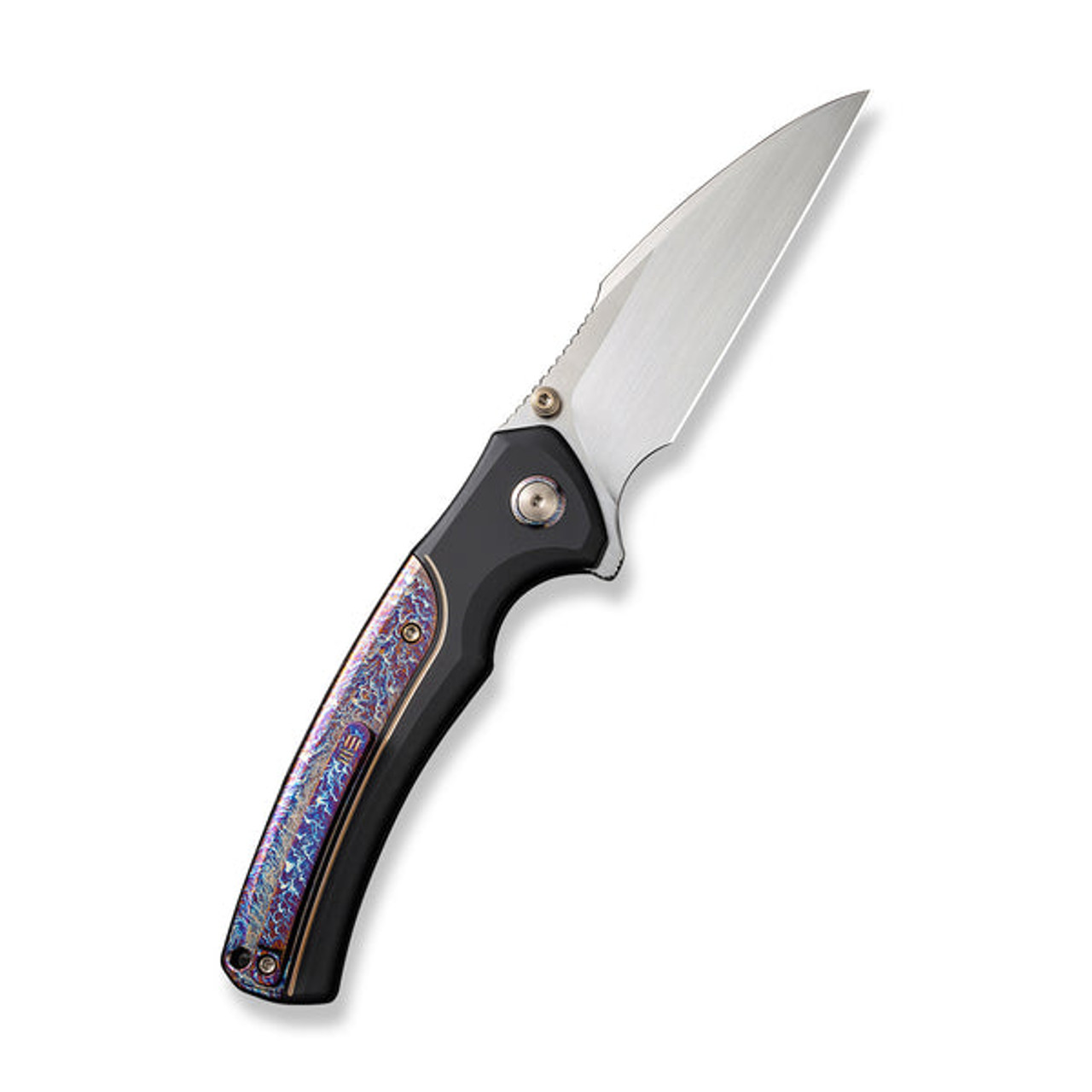 We Ziffius Button Lock (WE22024D-2) 3.7" Satin Wharncliffe Plain Blade, Black Titanium with Flamed Titanium Intergral Spacer Handle