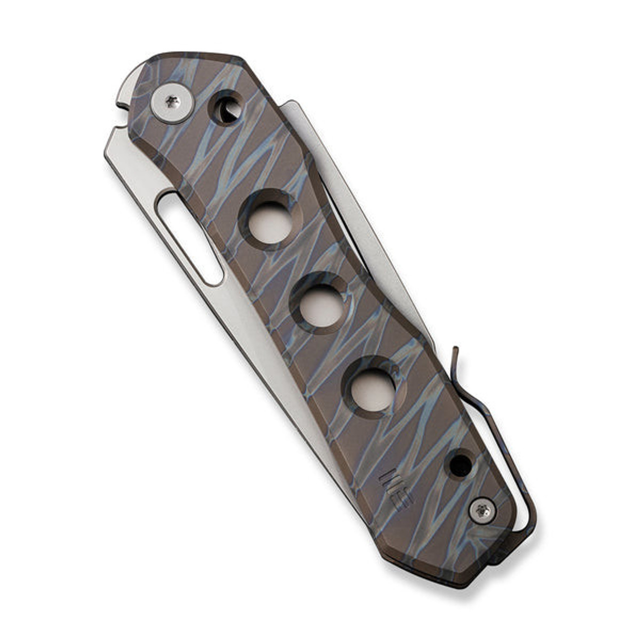 We Vision R Manual Thumb Knife (WE21031-6)  3.54" CPM-20CV Bead Blasted Reverse Tanto Plain  Blade, Tiger Stripe Pattern Flamed Titanium Handle