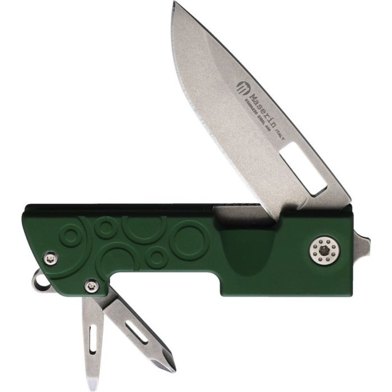 Maserin D-Dut Folding Knife (214/V)- 2.60" Satin 440C Drop Point Plain Blade, Green Aluminum Handle