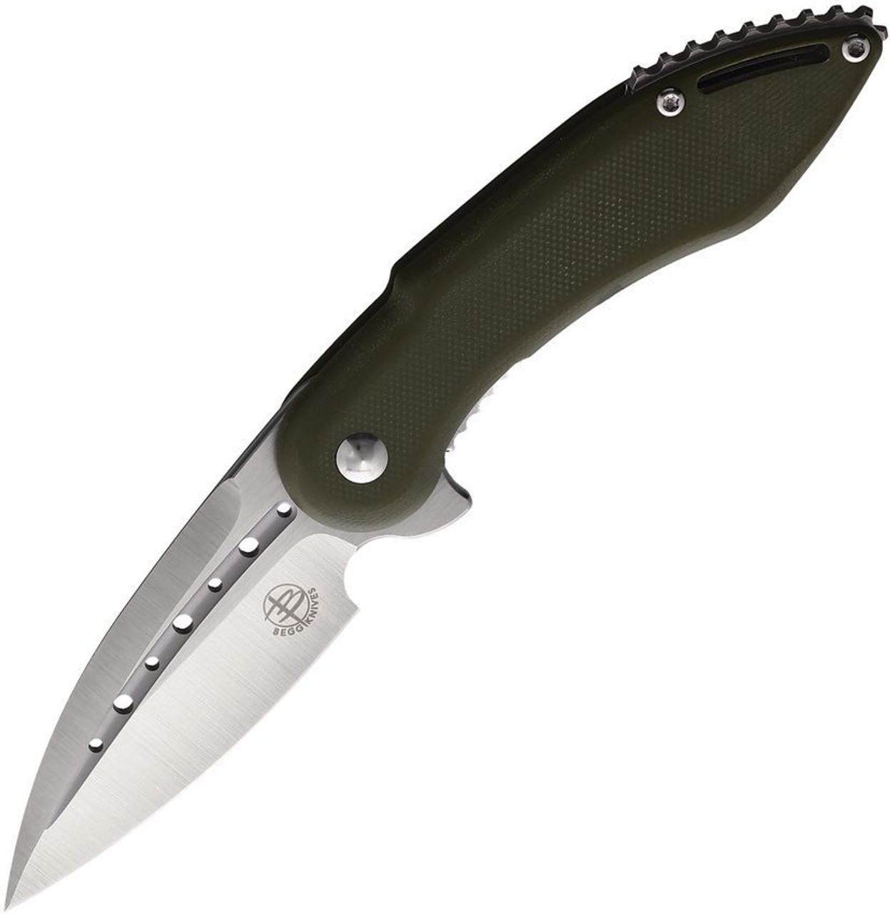 Begg Knives Mini Glimpse (BG006) 3.0" Satin D2 Drop Point Plain Blade, Green Smooth G-10 Handle