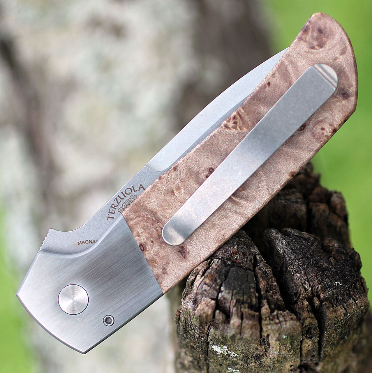 Pro-Tech Knives 2023 Terzuola ATCF Custom 009 (2023.ATCF 009) - 3.5" Stonewash MagnaCut Drop Point Plain Blade, 416 SS Blasted and Satin Finish Handle w/ Maple Burl inlays