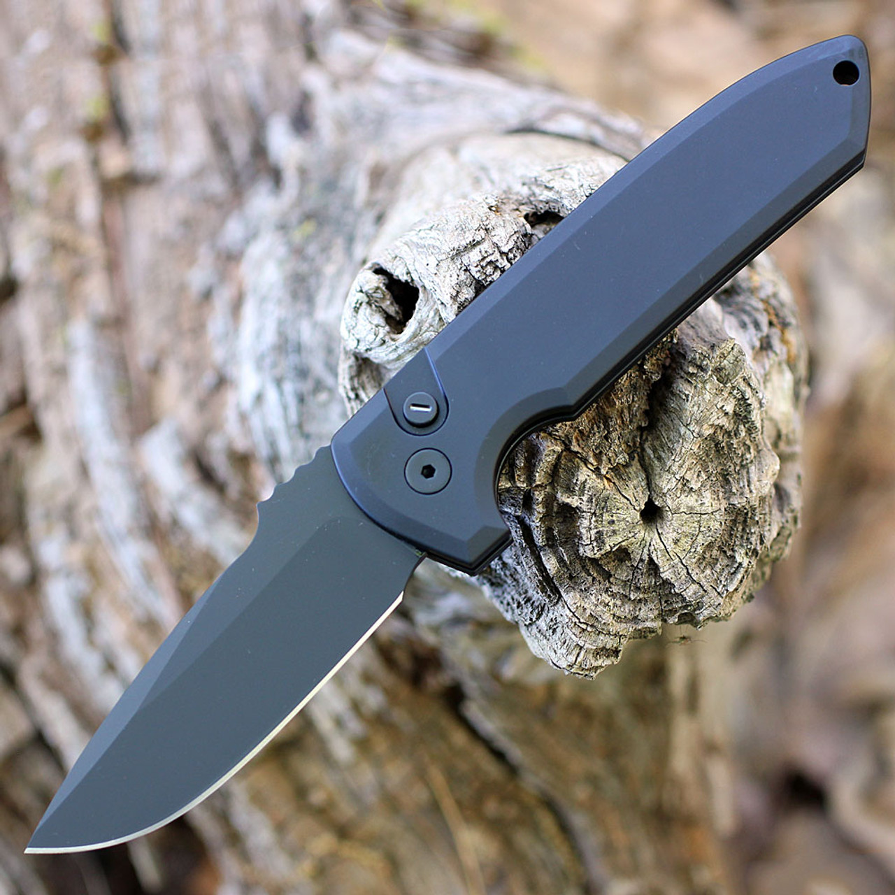 Pro-Tech Les George Rockeye Automatic Knife (LG303-Operator) - 3.4" CPM-S35VN Black Drop Point Plain Blade, Black Aluminum Handle w/Tritium Push Button