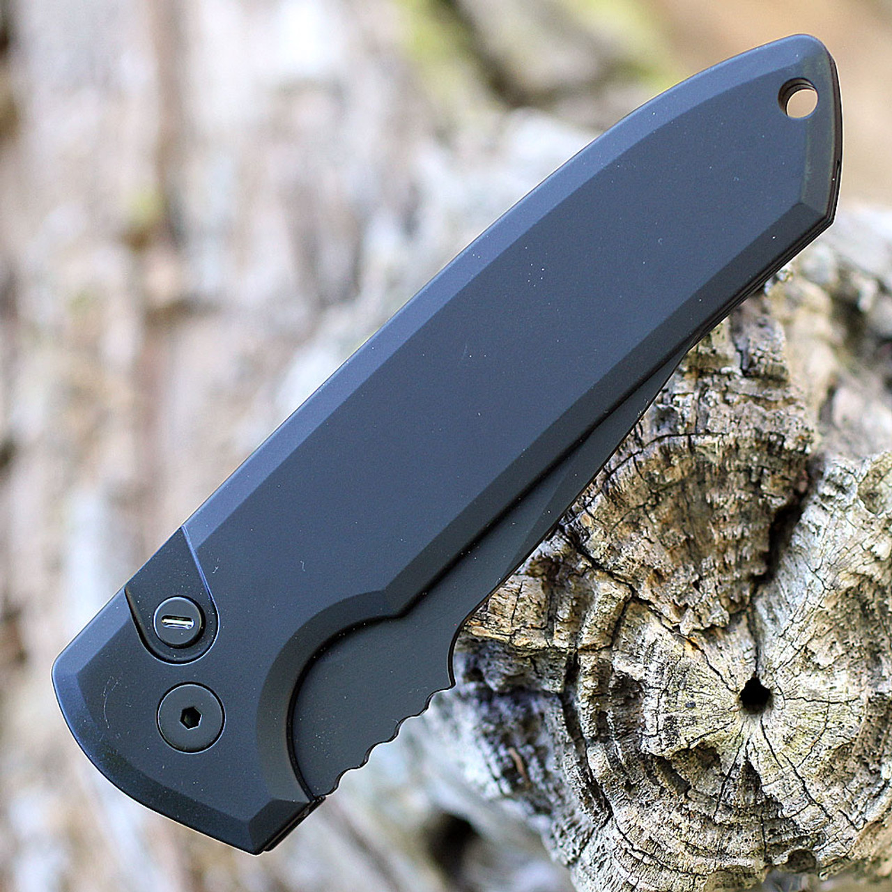 Pro-Tech Les George Rockeye Automatic Knife (LG303-Operator) - 3.4" CPM-S35VN Black Drop Point Plain Blade, Black Aluminum Handle w/Tritium Push Button