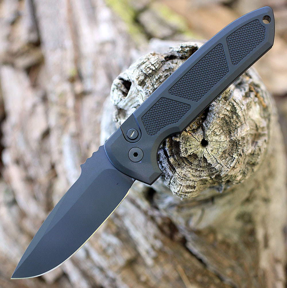 Pro-Tech Les George Rockeye Automatic Knife (LG307-D2 Operator) - 3.4" CPM D2 Black Drop Point Plain Blade, Black Texture Aluminum Handle w/Tritium Push Button