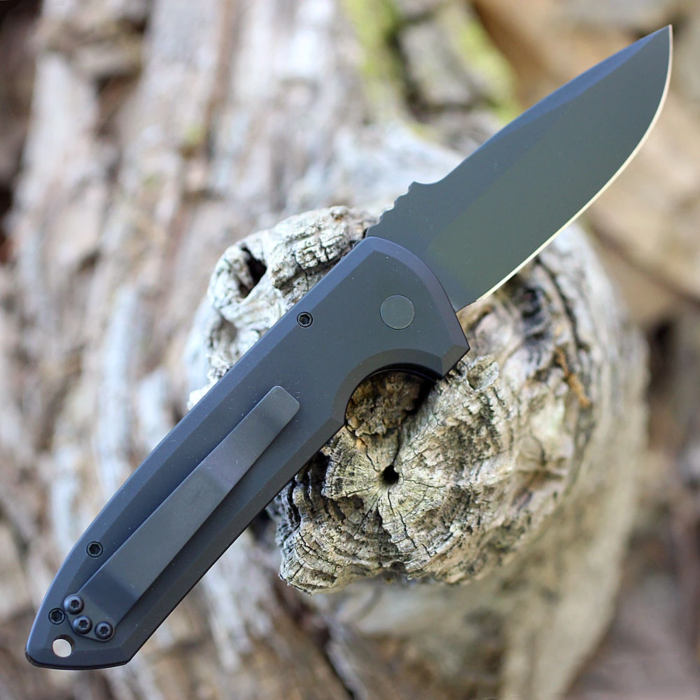 Pro-Tech Les George Rockeye Automatic Knife (LG307-D2 Operator) - 3.4" CPM D2 Black Drop Point Plain Blade, Black Texture Aluminum Handle w/Tritium Push Button