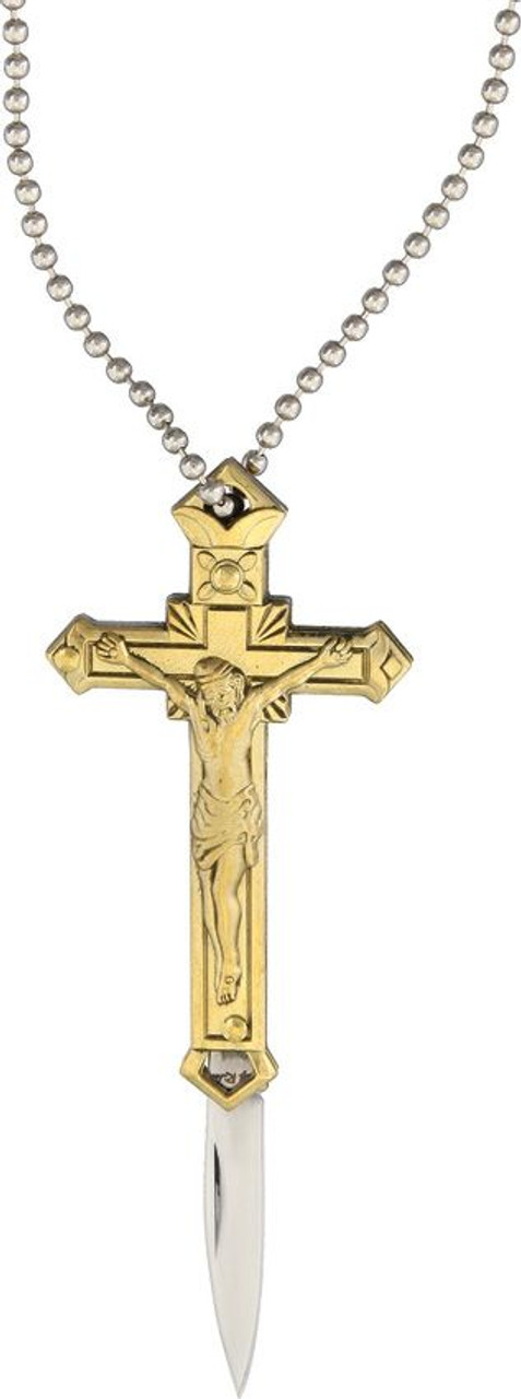 Rough Ryder Brass Crucifix Necklace Folding Knife (RR1497)- 1.75" Mirror Polished Pen Blade, Brass Crucifix