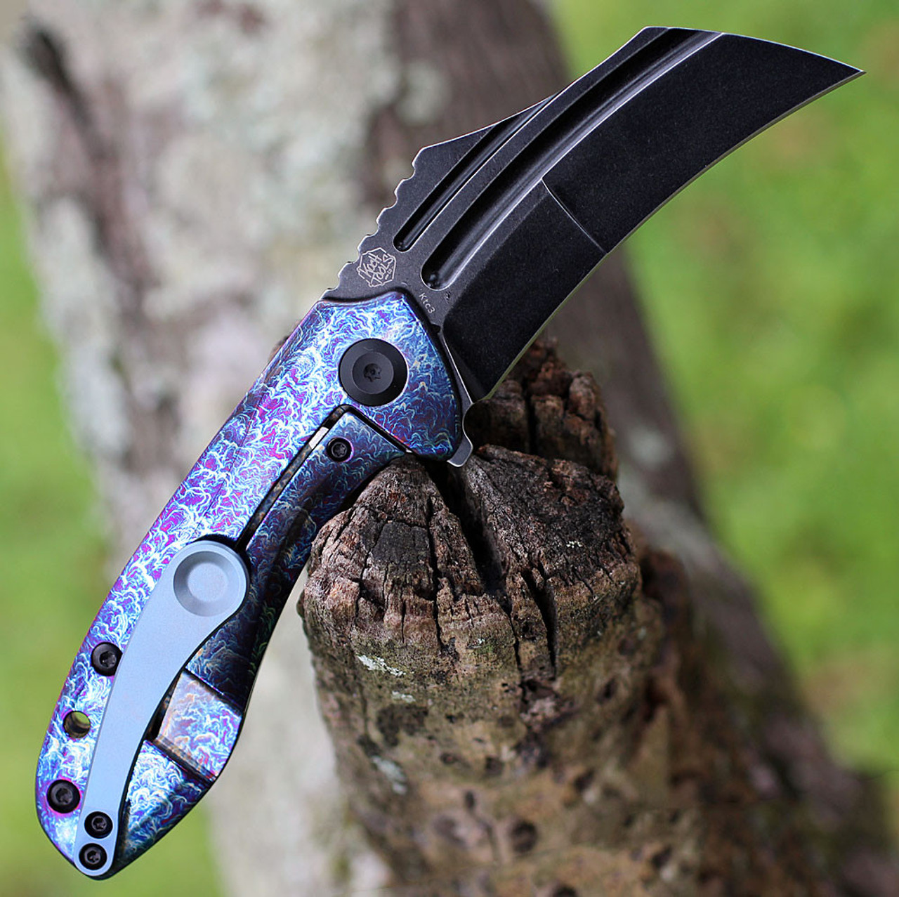 Kansept KTC3 (K1031A6) - 2.69" CPM-S35VN Stonewashed Hawkbill Plain Blade, Purple Blue Anodized Titanium Handle