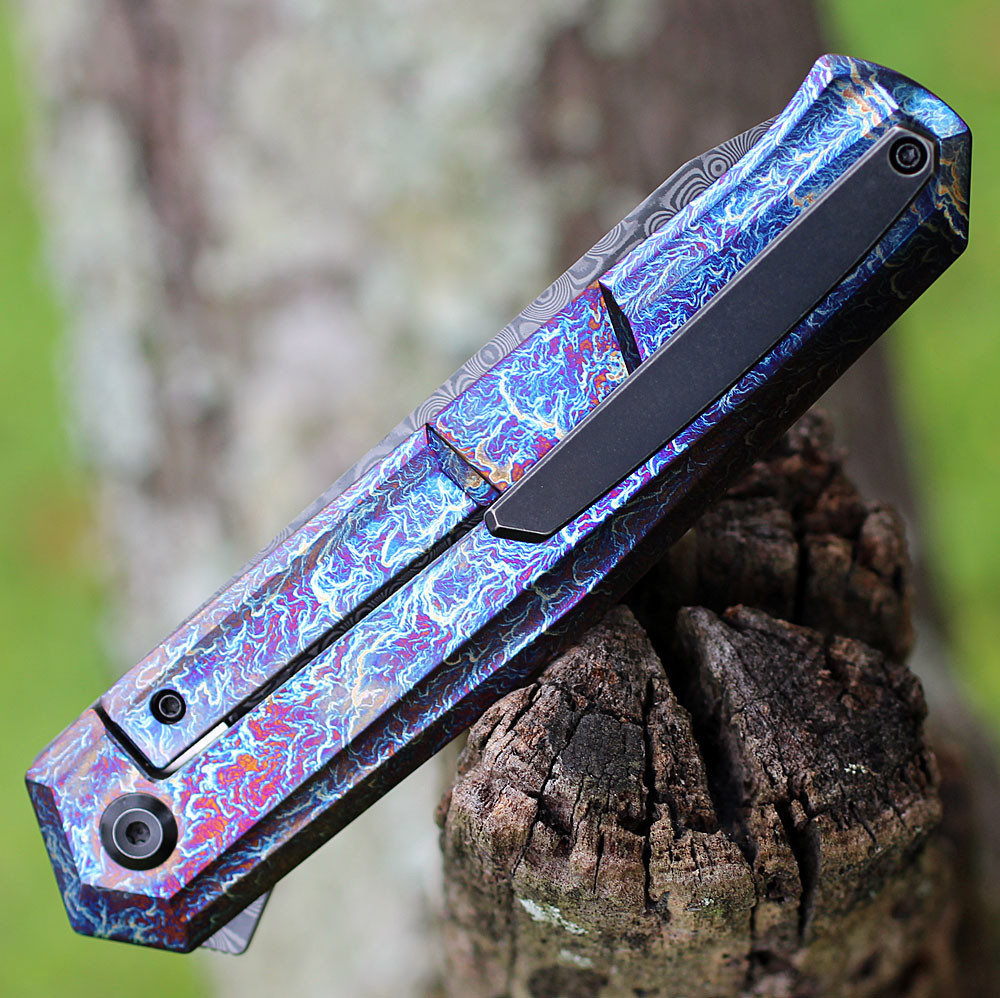 Kansept Integra Frame Lock Flipper (K1042D2) - 3.6" Damascus Drop Point Plain Blade, Lightning Strike Titanium Handle