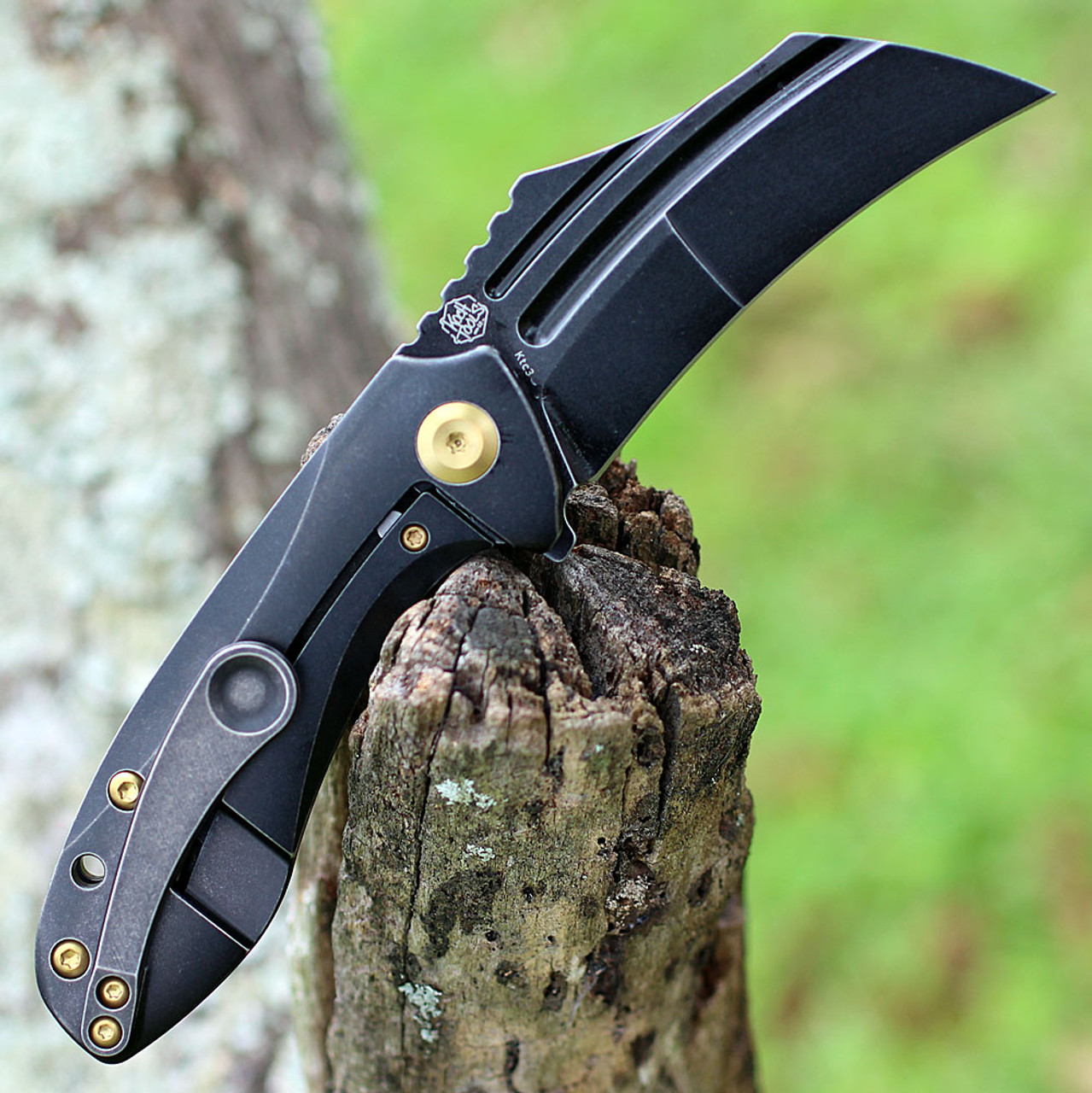 Kansept KTC3 Flipper (K1031A1) - 3.0" CPM-S35VN Black Stonewash Hawksbill Plain Blade, Black Stonewash Titanium Handle, Designed by Koch Tools