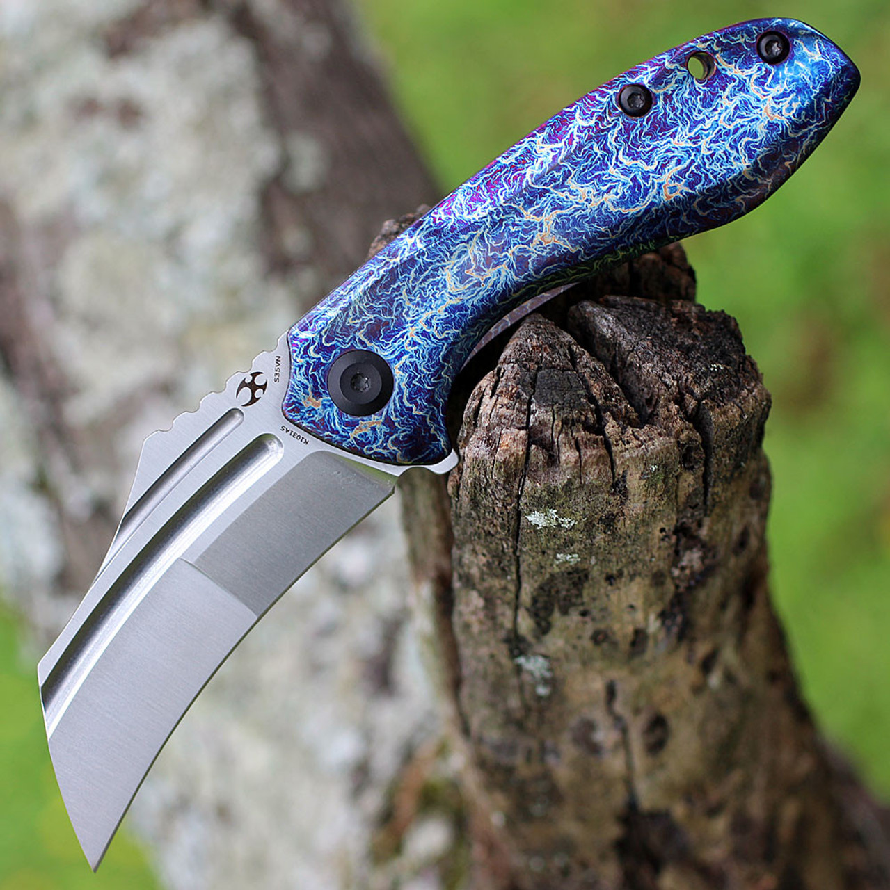 Kansept KTC3 (K1031A5) - 2.69" CPM-S35VN Satin Hawkbill Plain Blade, Purple Blue Anodized Titanium Handle