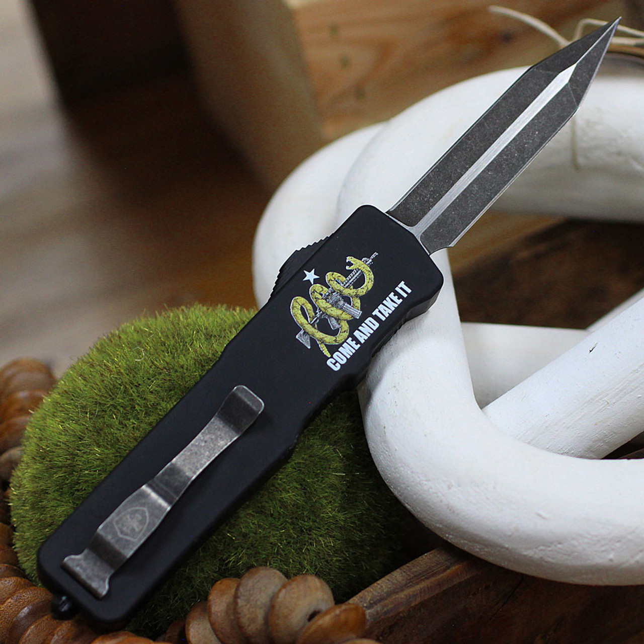 Templar Excalibur Large AR15 OTF (XL-AR15-12-1) 3.55" Black Oxide Stonewashed Powder D2 Dagger Blade, Black Screwless Rubber Handle "Come And Take It" w/ AR15