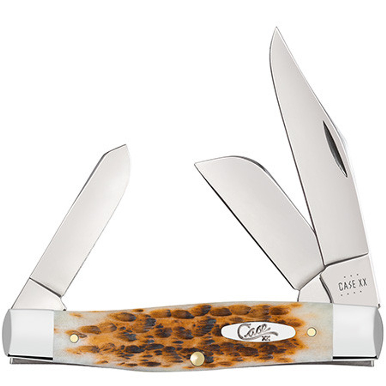 Case Large Stockman 10724 - Tru-Sharp Stainless Steel Clip, Sheepfoot and Spey Blades, Peach Seed Jig Amber Bone Handle (6375 SS)