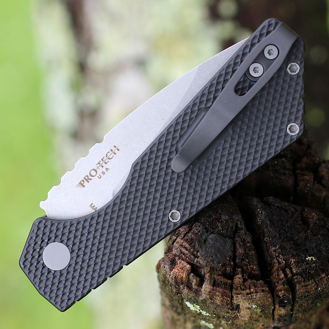 Pro-Tech Strider PT+ Auto (PT205) - 3.0" Stonewash Magnacut Drop Point Blade, Black Textured 6061-T6 Aluminum Handle