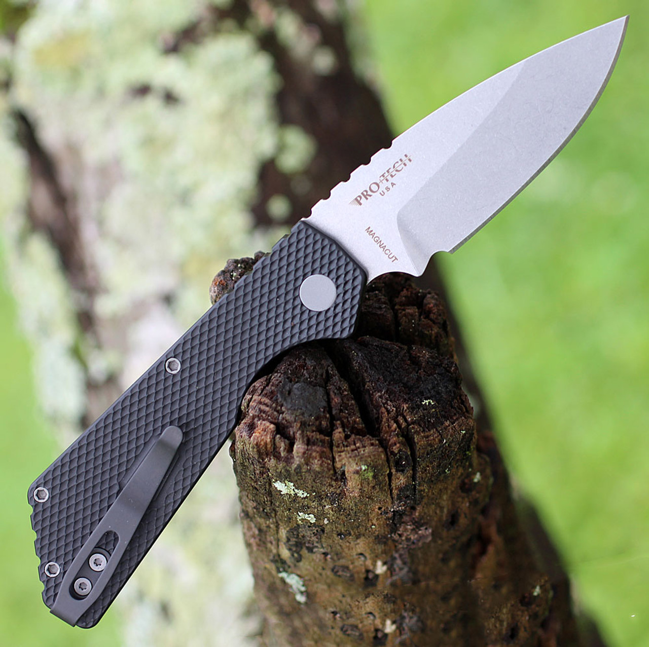 Pro-Tech Strider PT+ Auto (PT205) - 3.0" Stonewash Magnacut Drop Point Blade, Black Textured 6061-T6 Aluminum Handle