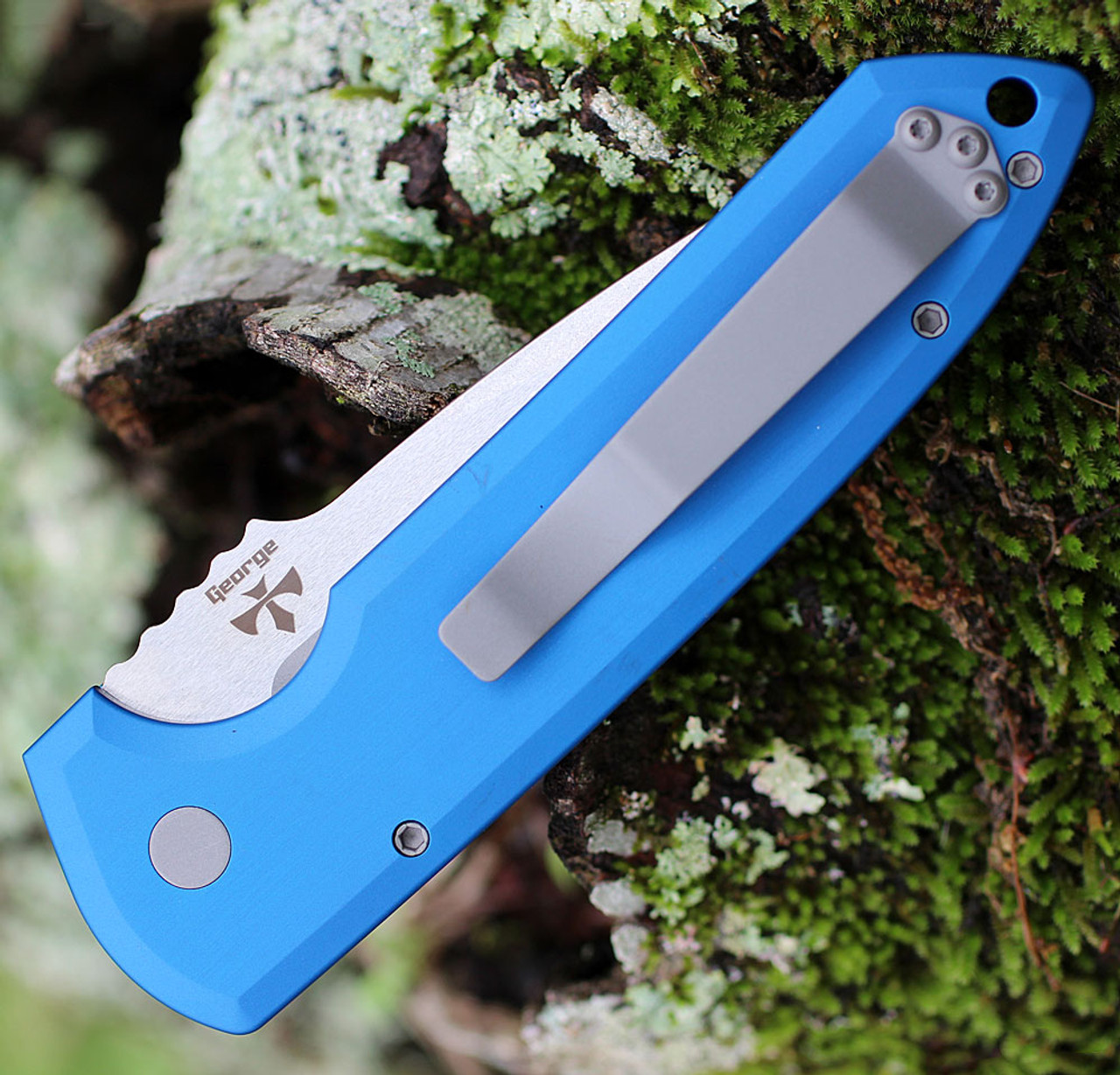 Pro-Tech Les George Rockeye Automatic Knife (LG301-BLUE) - 3.4" CPM-S35VN Stonewash Drop Point Plain Blade, Blue Aluminum Handle