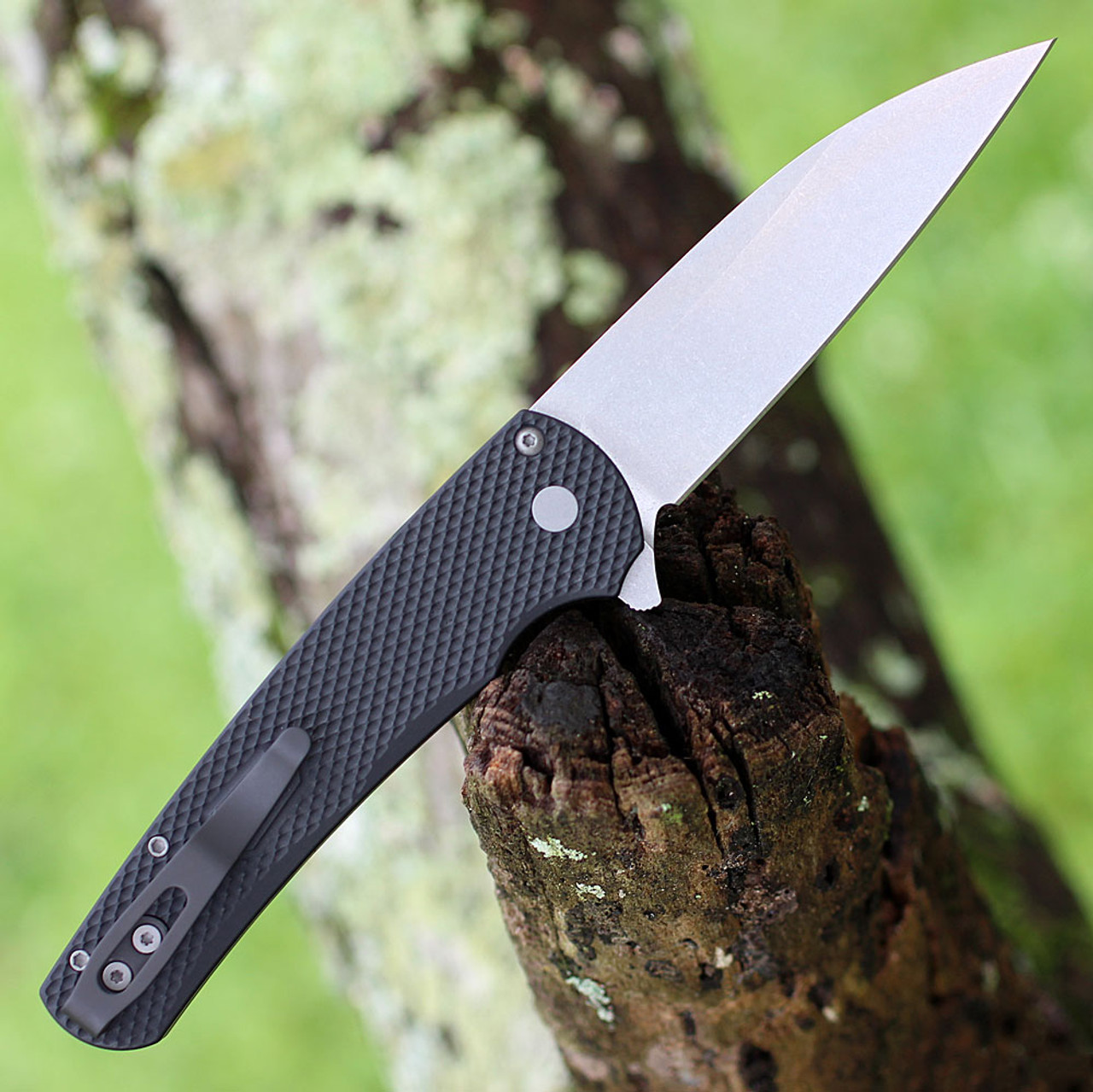 Pro-Tech Malibu Button Lock (5305) - 3.5" Magnacut Stonewash Wharncliffe Plain Blade, Black Textured Aluminum Handle, Button Lock