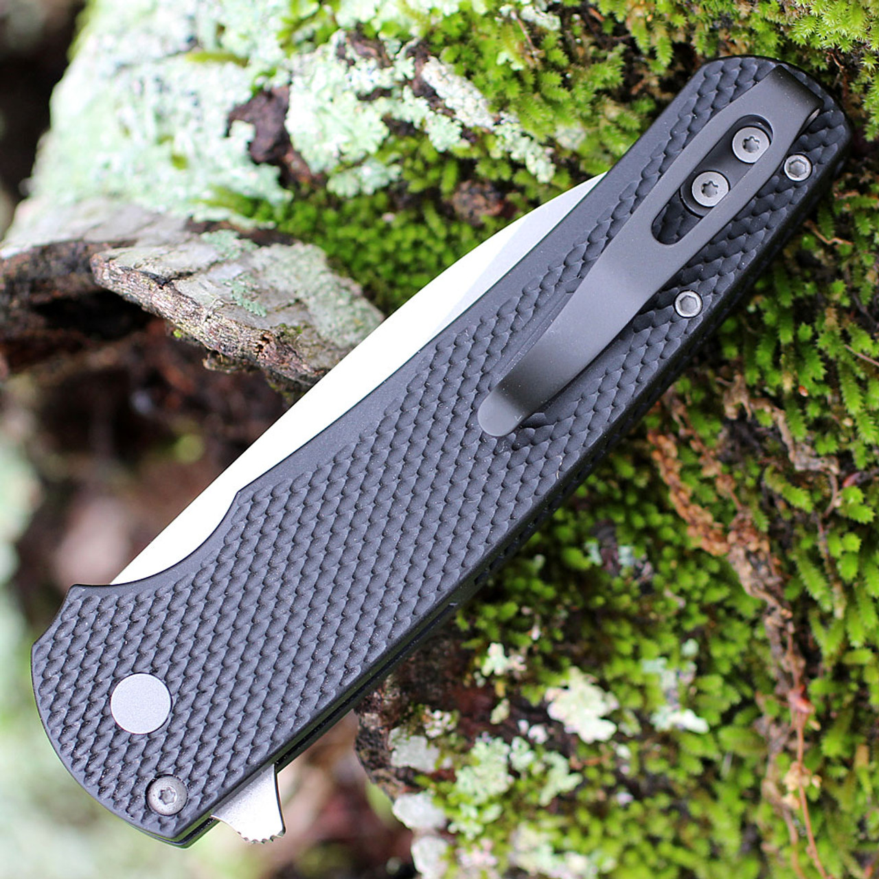 Pro-Tech Malibu Button Lock (5305) - 3.5" Magnacut Stonewash Wharncliffe Plain Blade, Black Textured Aluminum Handle, Button Lock