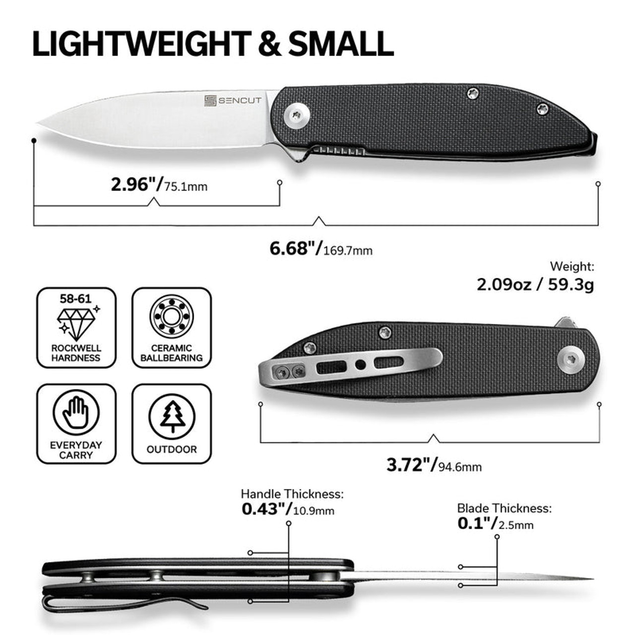 Sencut Boc11 II Flipper Knife (S22019-1) 2.96 Satin D2 Drop Point Plain Blade, Black G-10 Handle