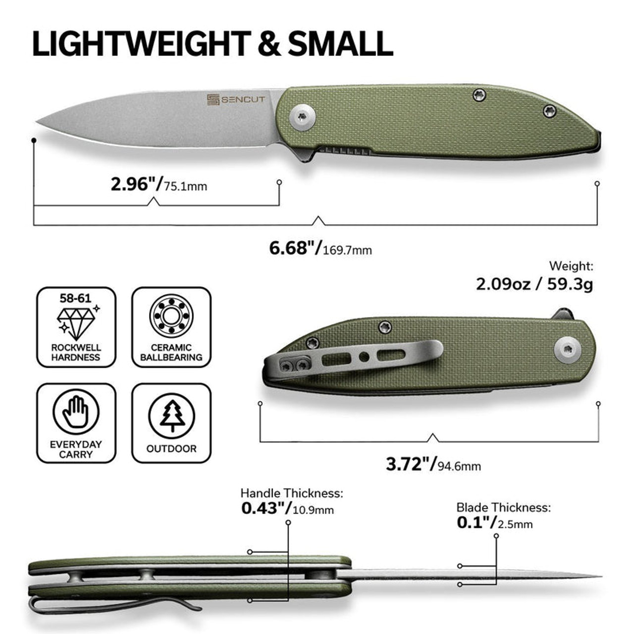 Sencut Bocll II Flipper Knife (S22019-4) 2.96 Stonewash D2 Drop Point Plain Blade, Green G-10 Handle