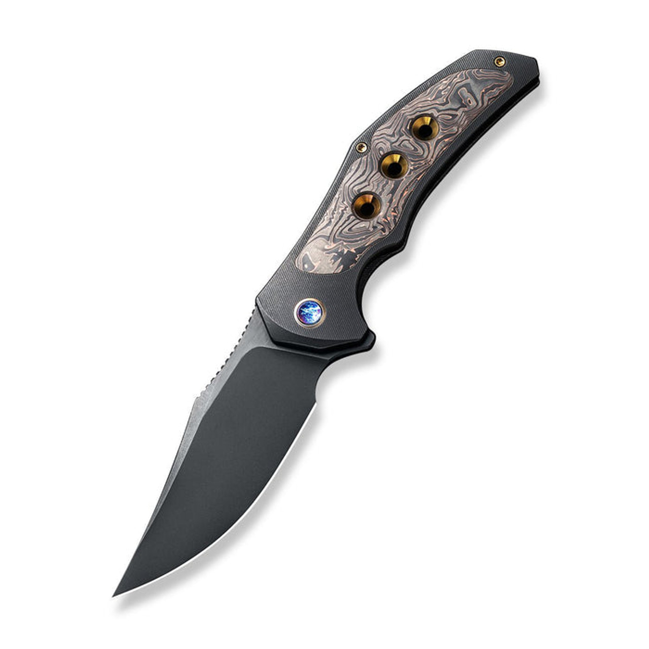 WE Knives Magnetron (WE180543) 3.76" CPM-20CV Blk Stonewashed Clip Point Plain Edge Blade, Black Copper Golden Titanium Handle.