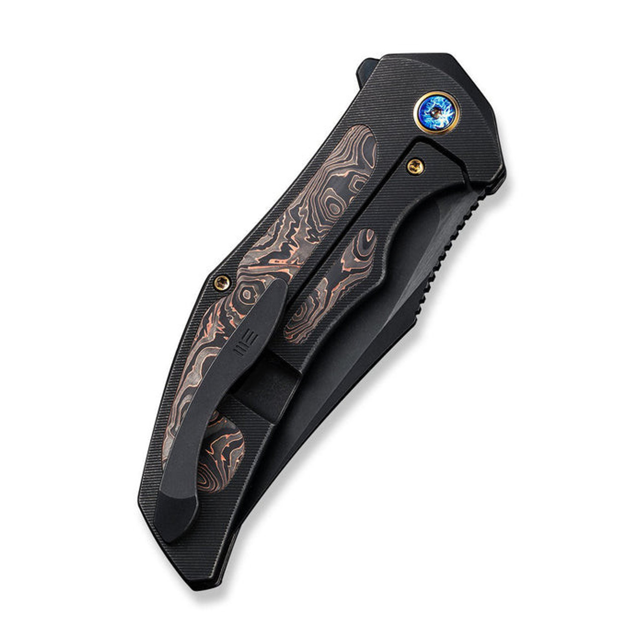 WE Knives Magnetron (WE180543) 3.76" CPM-20CV Blk Stonewashed Clip Point Plain Edge Blade, Black Copper Golden Titanium Handle.